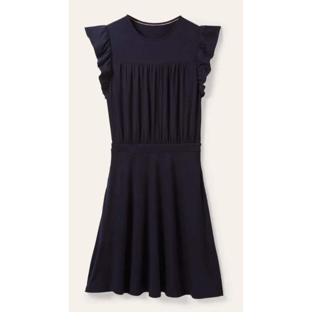 Boden Ruffle Cap Sleeve Dress 12R Navy Blue Ruched Fit & Flare Preppy Minimalist